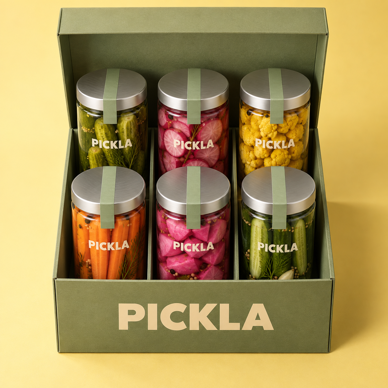 Six PICKLA jars in a sage gift box