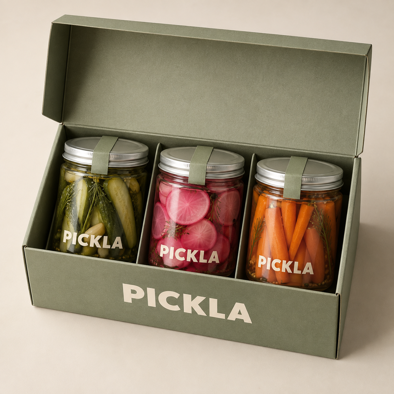 Three PICKLA jars in a sage gift box