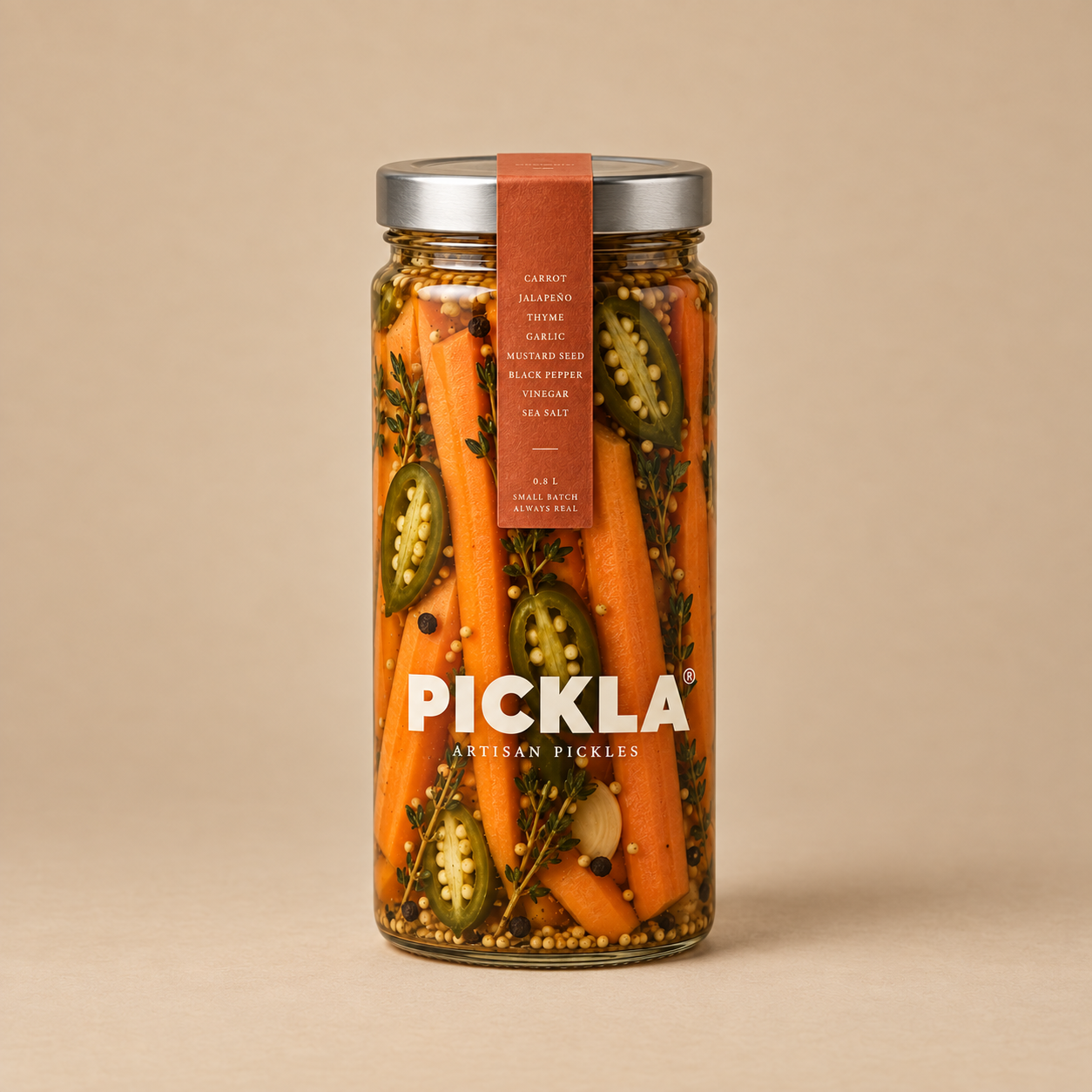 Carrots & Jalapeño in a tall glass PICKLA jar