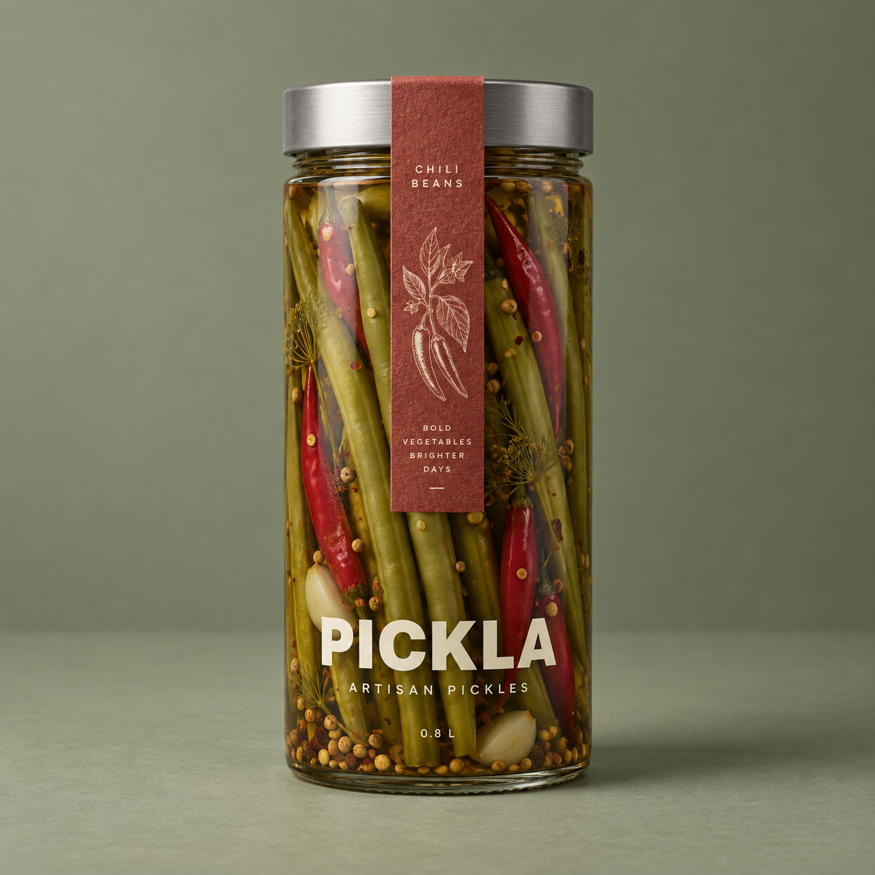 Chili Green Beans in a tall glass PICKLA jar