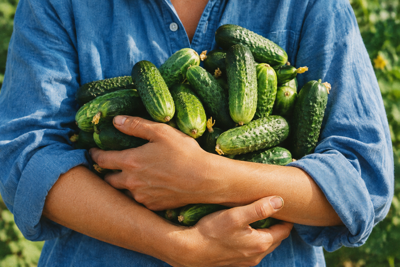 A person in a blue shirt holding an armful of fresh cucumbers