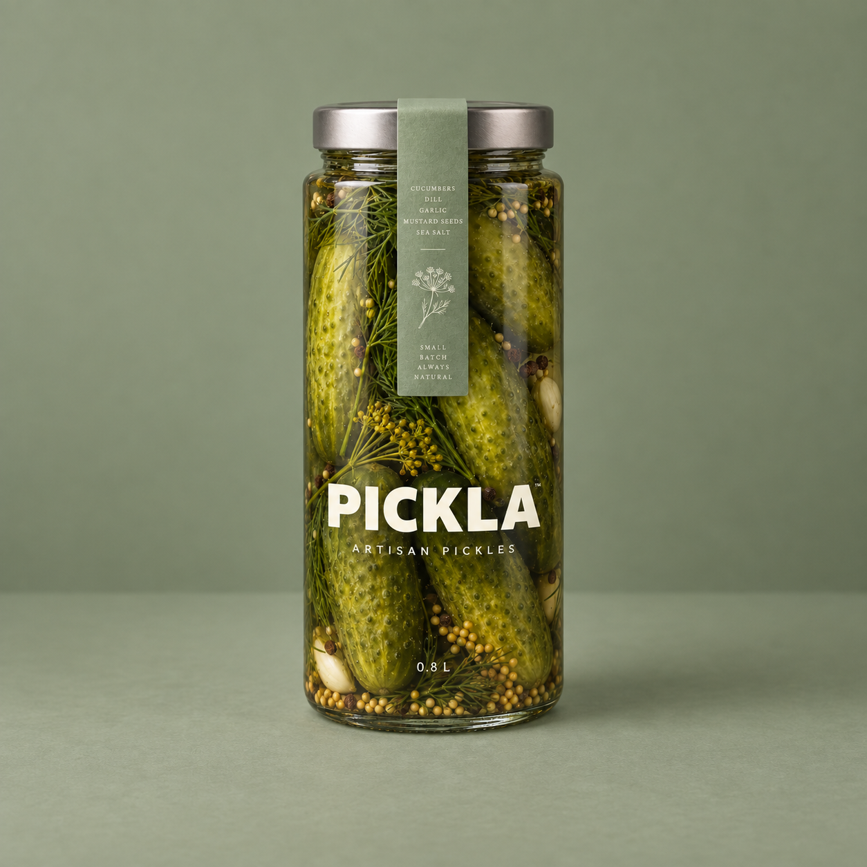 Dill Pickles in a tall glass PICKLA jar