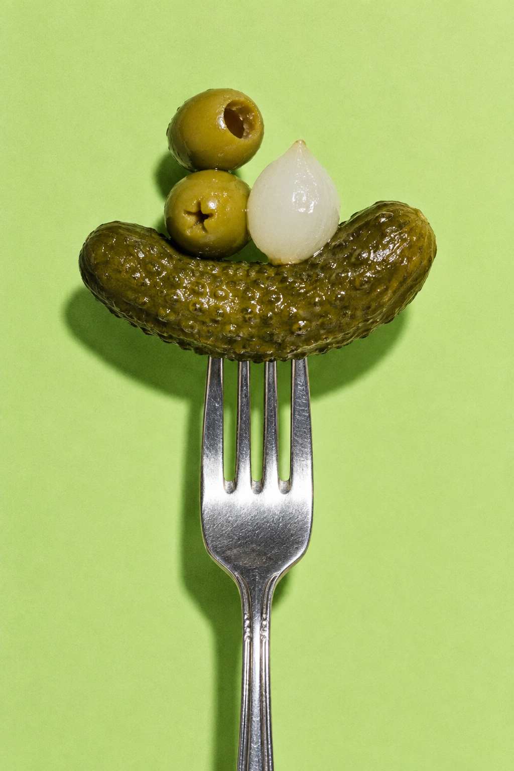A pickle balanced on a silver fork against lime green