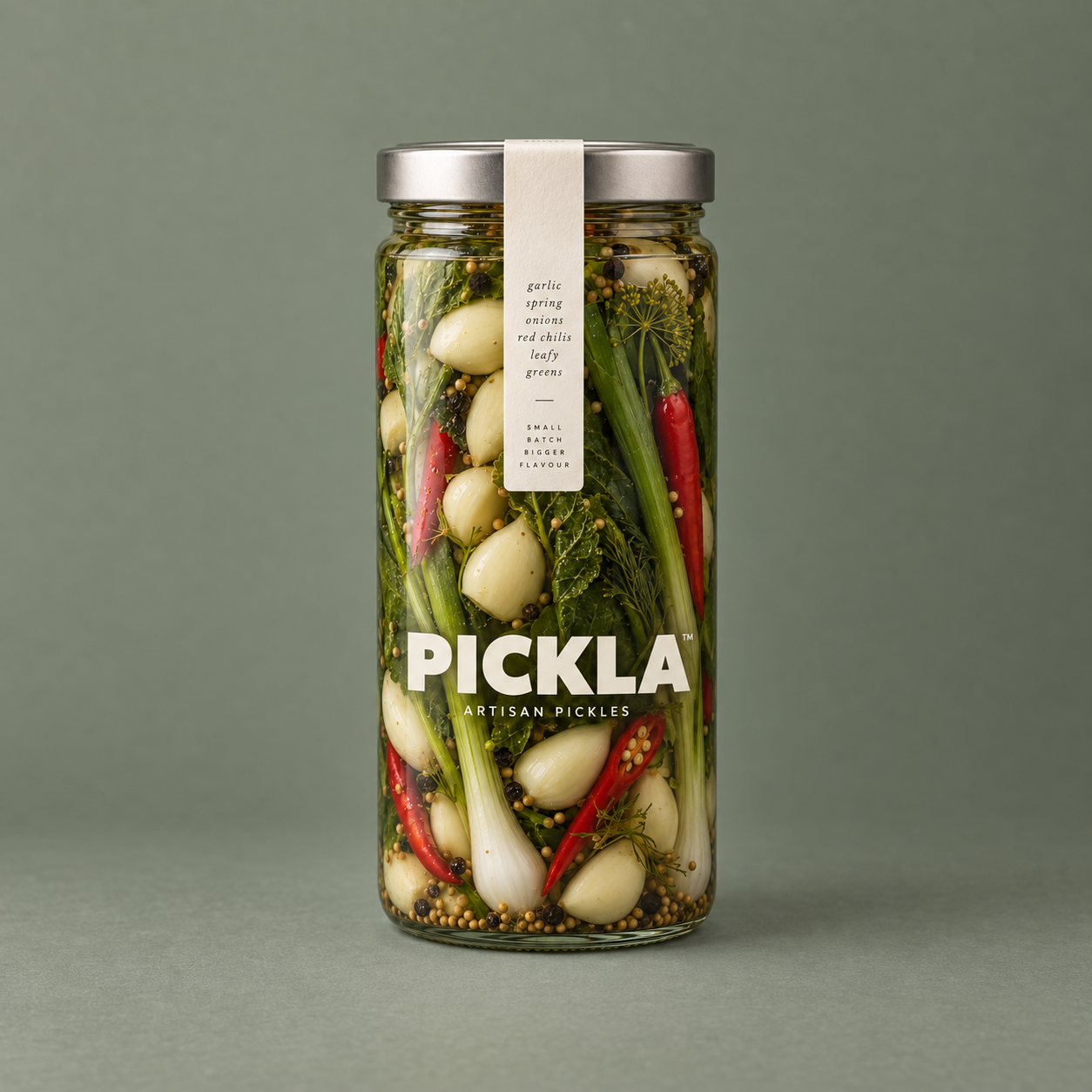 Garlic & Greens in a tall glass PICKLA jar
