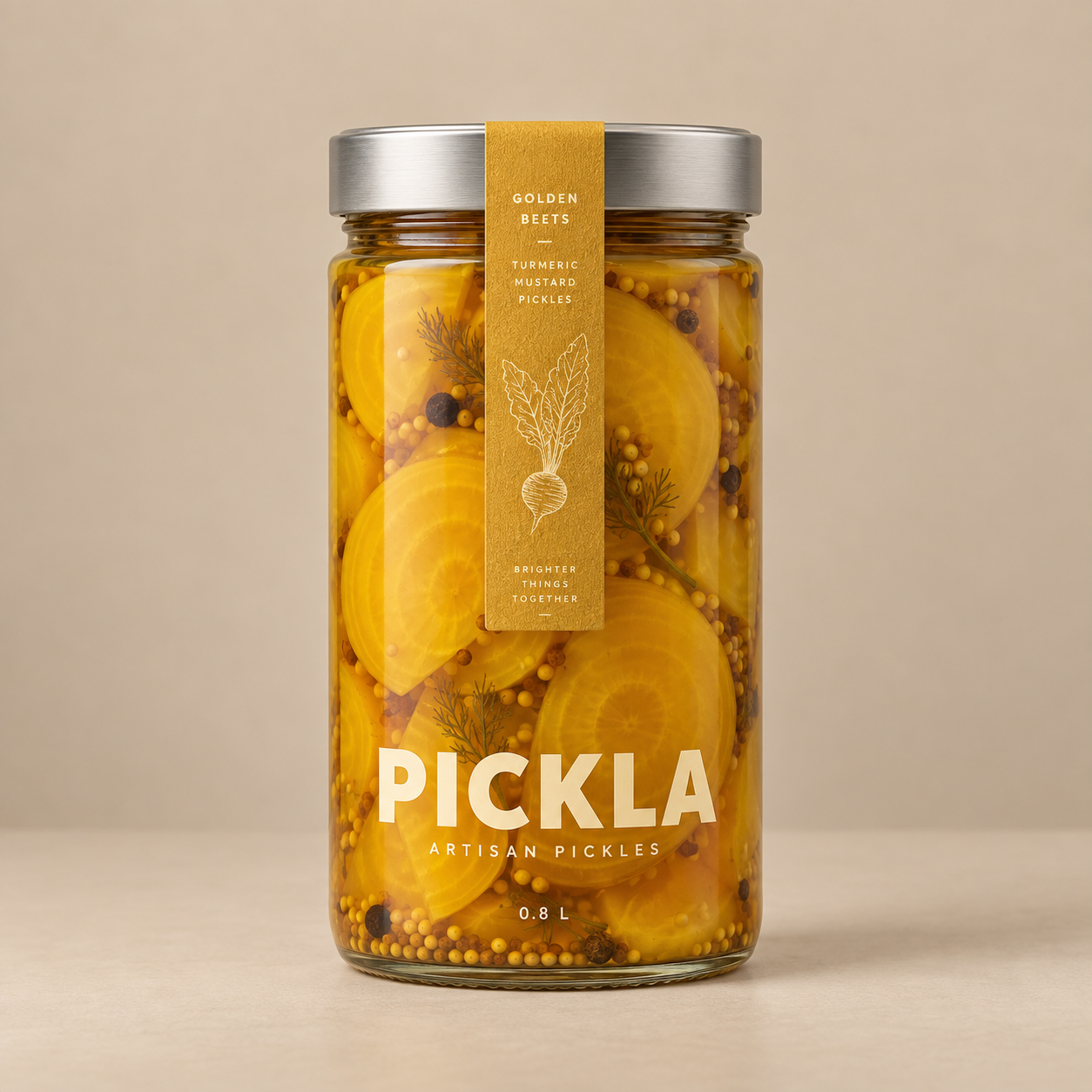 Golden Beets in a tall glass PICKLA jar