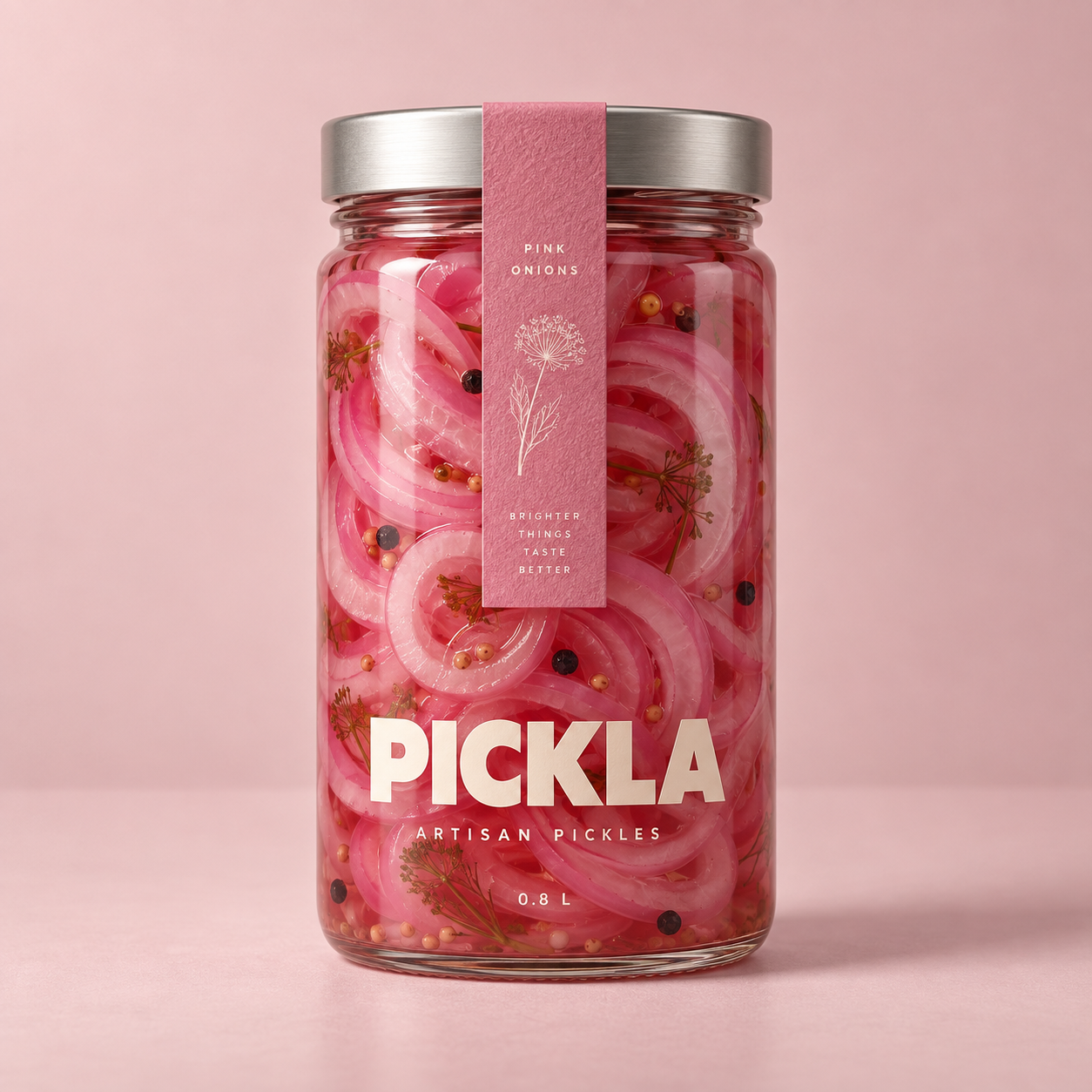 Pink Onions in a tall glass PICKLA jar
