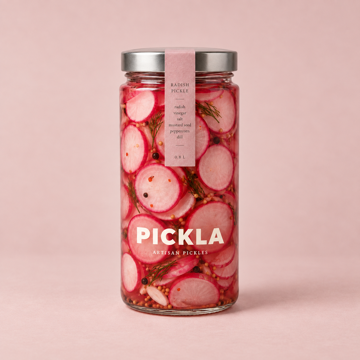 Pickled Radishes in a tall glass PICKLA jar