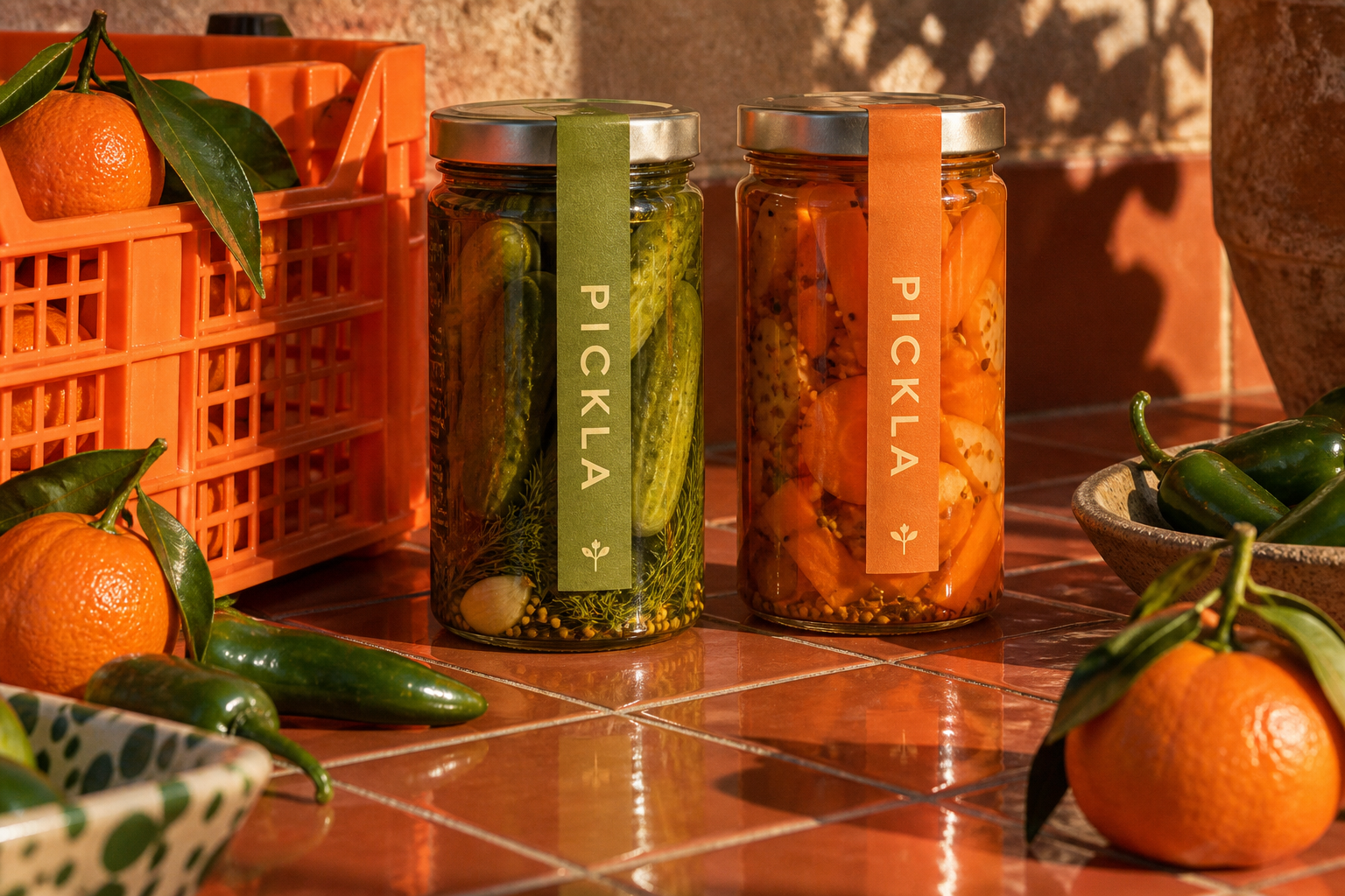 PICKLA jars with an orange market crate and fresh produce