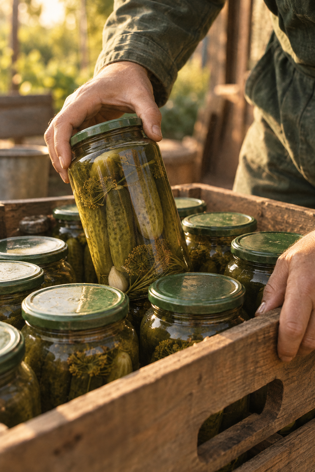 Hands lifting a pickle jar from a wooden crate